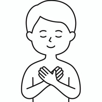 胸に手 上半身 胸両手裸_線画 SHM 男性,想い,感じる,願う,触る,手をあてる,胸,ハート,両手,心のイラスト素材