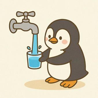 蛇口から出続ける水をコップで救うペンギン