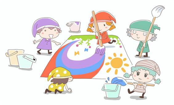 絵を描く小人たち 絵画教室,男の子,女の子,小人,筆,バケツ,ペンキ,絵,描く,塗るのイラスト素材