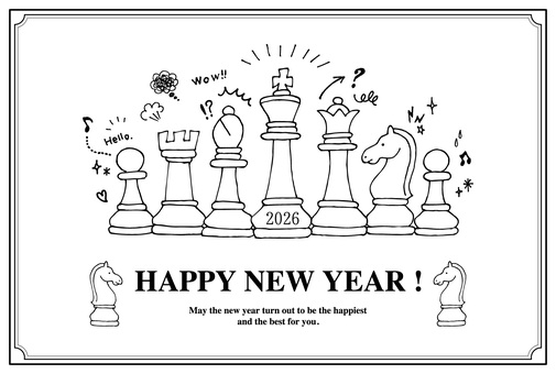 年賀状2026（050）モノクロ 年賀状,正月,線画,手書き,フリーハンド,イラスト,干支,元旦,シンプル,2026年のイラスト素材