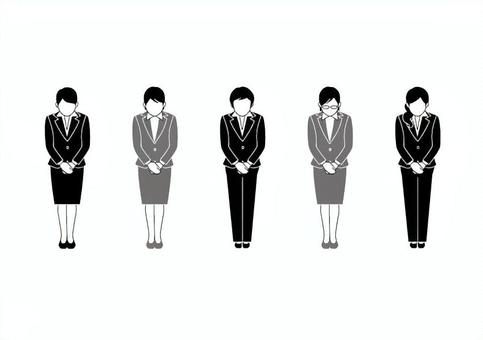 お辞儀するスーツの女性セット(モノクロ) お辞儀,人,全身,セット,まとめ,女性,スカート,謝罪,敬意,お知らせのイラスト素材