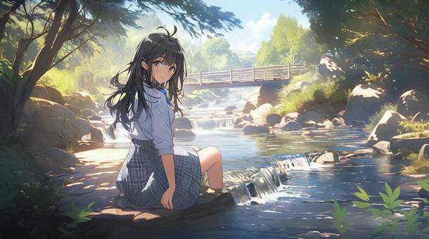 Illustration, girl, chuan, mountain, 