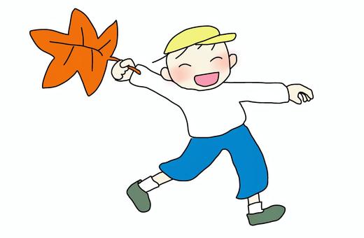 葉っぱを持って走る 帽子 カラー 葉っぱを持って走る 帽子 カラー 葉っぱ,紅葉,幼児,走る,公園,園庭,戸外遊び,保育園,幼稚園,こども園のイラスト素材