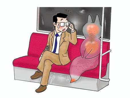 俺、疲れたまってんのかなぁ？ 人物,大人,男性,サラリーマン,電車,車内,メガネ,動物,クリオネ,座るのイラスト素材