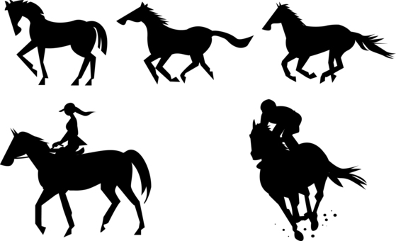 馬のシルエット,競馬と馬のセット 馬のシルエット,競馬と馬のセット 馬,シルエット,競馬,騎手,女性,走る,競走馬,サラブレッド,午年,干支のイラスト素材