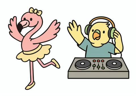フラミンゴのバレリーナとインコのDJ フラミンゴ,インコ,鳥,バレエ,ダンス,dj,音楽,バレリーナ,ヘッドホン,ターンテーブルのイラスト素材