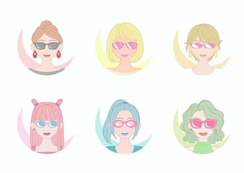 サングラスをかけたおしゃれな女性アイコン 女性,おしゃれ,サングラス,ファッション,アイコン,プロフィール,人物,夏,キャラクター,顔のイラスト素材