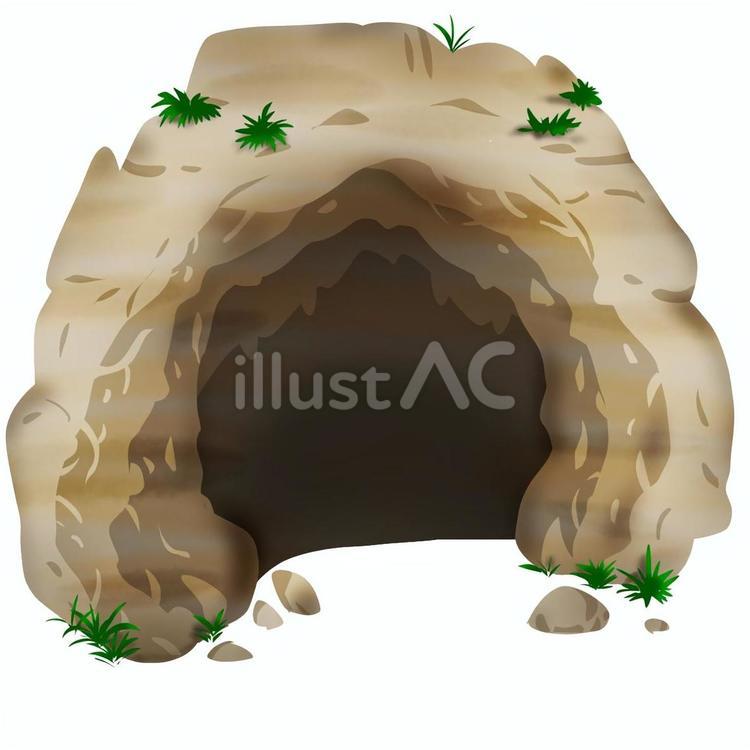 草が生えてる荒れた洞窟の入口イラスト 洞窟,穴,自然のイラスト素材