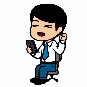 スマホを見て喜ぶ男性社員 カラー スマホ,スマートフォン,携帯,画面,確認,連絡,通知,ガッツポーズ,歓喜,喜ぶのイラスト素材
