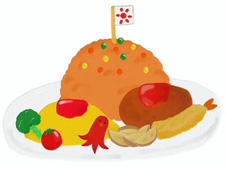 お子様ランチ お子様ランチ,チキンライス,ハンバーグ,エビフライ,ポテト,ミニトマト,ブロッコリー,タコさんウィンナー,オムレツ,油絵のイラスト素材