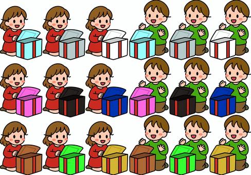 プレゼントを開ける子供たちです。 プレゼント,シンプル,ギフト,喜ぶ,受け取り,サプライズ,笑顔,贈り物,手渡し,お祝いのイラスト素材