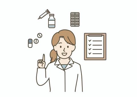薬を説明する薬剤師と医療アイコン 薬剤師,薬,医薬品,錠剤,カプセル,注射器,薬瓶,説明,指導,指差しのイラスト素材