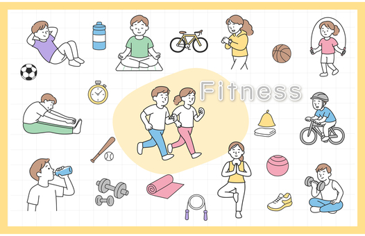 運動と健康のイラストアイコンセット 運動,フィットネス,トレーニング,ストレッチ,ヨガ,筋トレ,ジョギング,自転車,縄跳び,健康のイラスト素材