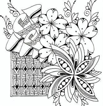 塗り絵【84】祝い華 ゼンタングル,モノクロ,アート,抽象,イラスト,ペン画,塗り絵,花,和風,シックのイラスト素材