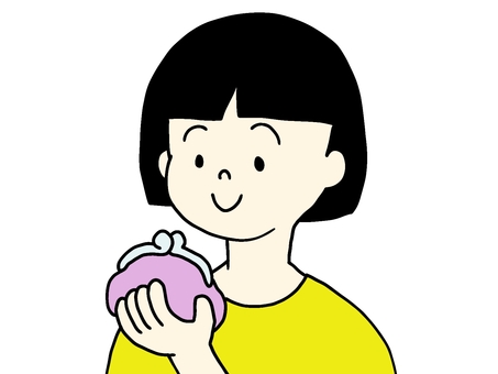 財布を見つめる女の子 財布,がま口,お金,お小遣い,子供,女の子,おかっぱ,かわいい,手描きのイラスト素材