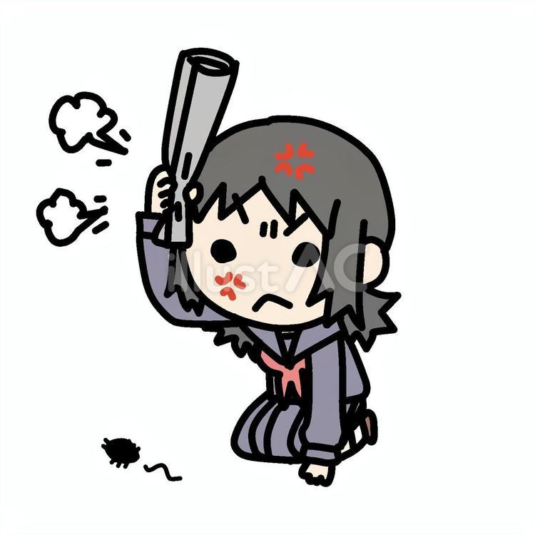 怒って虫を仕留めようとする学生少女 少女,害虫,怒るのイラスト素材