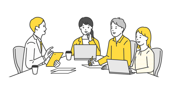 打ち合わせするビジネスパーソンのイラスト ビジネスパーソン,ビジネスマン,ビジネスウーマン,ミーティング,会議,打ち合わせ,説明,コミュニケーション,会社員,笑顔のイラスト素材