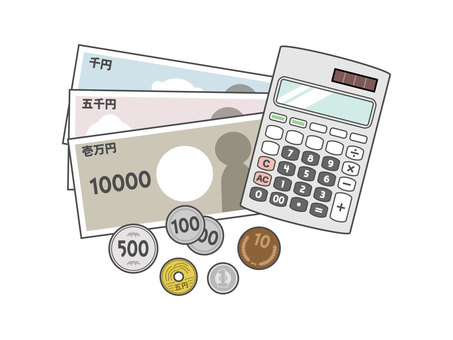 お金と電卓 お金と電卓 札,小銭,硬貨,電卓,計算機,一万円,五千円,千円,五百円,百円のイラスト素材