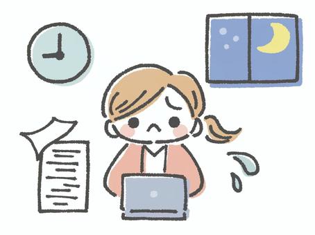 残業をしている女性 残業,仕事,会社員,オフィス,女性,残務,時計,窓,夜,書類のイラスト素材