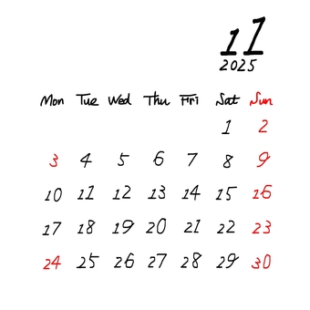 2025.11月カレンダー　祝日赤 2025,11,11月,カレンダー,ひと月,月曜始まり,シンプル,手描き,おしゃれ,暦のイラスト素材