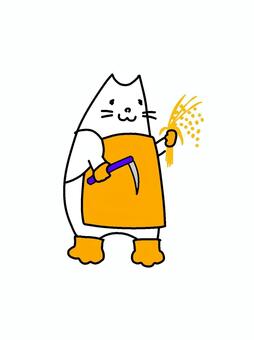 稲刈りをする猫 秋,猫,稲刈り,鎌,収穫,農作業,手書き,かわいい,ゆるい,ほっこりのイラスト素材