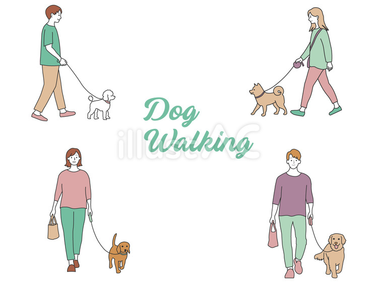 犬の散歩している人々４種手書きイラスト 犬,散歩,ウォーキングのイラスト素材