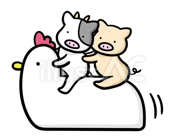 にわとりに乗る家畜たちのイラスト 乗り物,うし,ぶたのイラスト素材