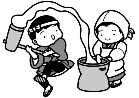 餅つき-2c 餅つき,正月,餅,杵,臼,はちまき,半纏,股引き,草履,着物のイラスト素材