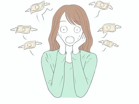 出費に焦る女性 出費に焦る女性 お金,飛ぶ,困る,消費,出費,生活費,物価,高い,お札,光熱費のイラスト素材