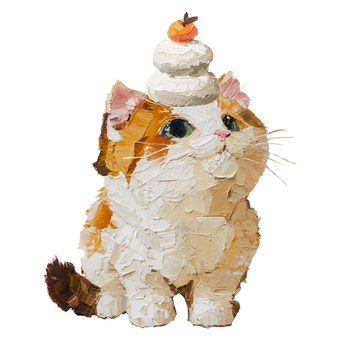 鏡餅をのせた猫(マンチカン) 猫,鏡餅,お正月,新年,年賀状,かわいい,動物,厚塗り,油絵風,ほっこりのイラスト素材