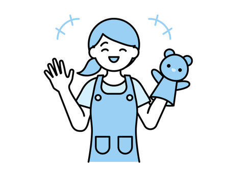 パペットを使うエプロン姿の女性03 人物,女性,20代,30代,40代,保育士,幼稚園教諭,介護士,介護福祉士,幼稚園のイラスト素材