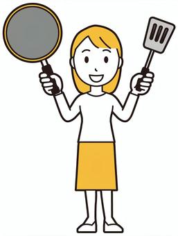  ロングヘア女性(黄)-419-全身 フライパン,女性,女の子のイラスト素材