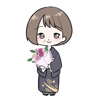 花束を持った黒留袖の女性 黒留袖,結婚式,母,母親,着物,日本,和,女性,イベント,人のイラスト素材