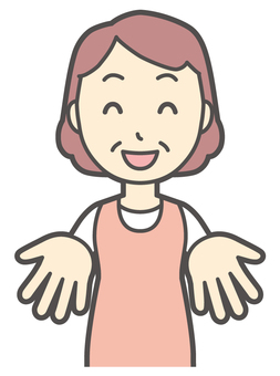  両手を出してくださいポーズのおばさん ちょうだい,女性,人,主婦,中年,シニア,エプロン,ママ,お母さん,おかんのイラスト素材