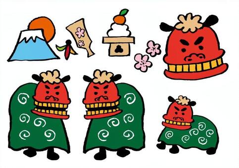 獅子舞・正月セット 獅子舞,年賀状,お正月,かわいい,手書き,落書き,ゆるい,新年,1月,冬のイラスト素材