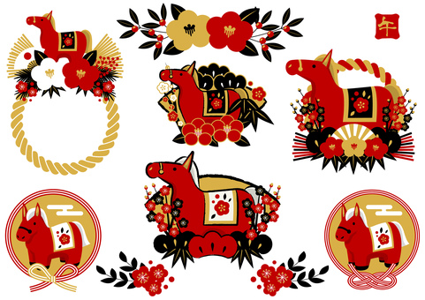 zodiac26138 馬,午年,しめ飾り,扇,水引,椿,松,梅,年賀状,南天のイラスト素材