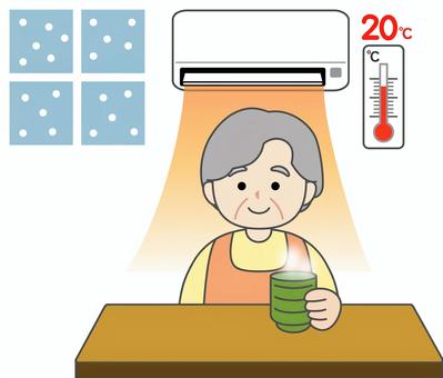 温度計とエアコンの前でお茶を飲む高齢女性 おばあさん,高齢女性,正面,上半身,水分補給,文字,呼びかけ,注意喚起,推奨,机のイラスト素材