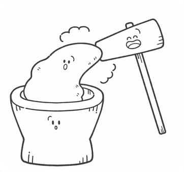 お餅つきの白黒手描きイラスト4 餅付き,かわいい,白黒,臼,杵,餅,年賀,行事,イベント,食べ物のイラスト素材