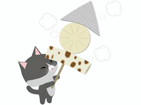 おでん_猫 おでん,猫,はちわれ,笑顔,動物,かわいい,こんにゃく,大根,ちくわのイラスト素材