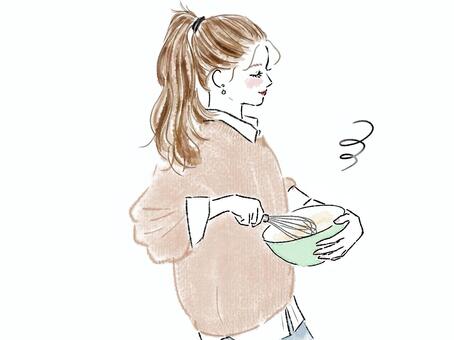 女性　料理　泡立て器　ボウル　調理 女性,料理,混ぜる,泡立て器,抱える,お菓子,かわいい,シンプル,家事,クッキングのイラスト素材