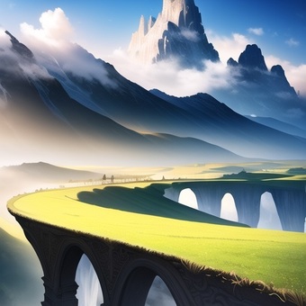 Illustration, land, rich in green, bridge, 