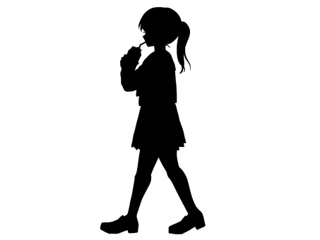 歩いてジュースを飲む制服女の子シルエット 女の子,制服,シルエット,セーラー服,立ち絵,trpg,全身,横顔,人物,黒のイラスト素材