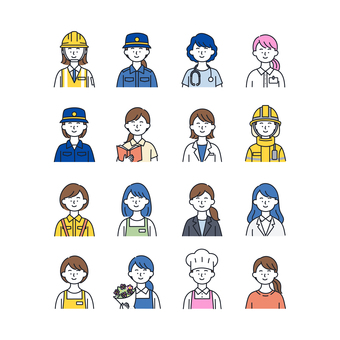さまざまな職業の女性のアイコンセット02 人物,アイコン,女性,職業,仕事,制服,看護師,警察官,シェフ,建設のイラスト素材