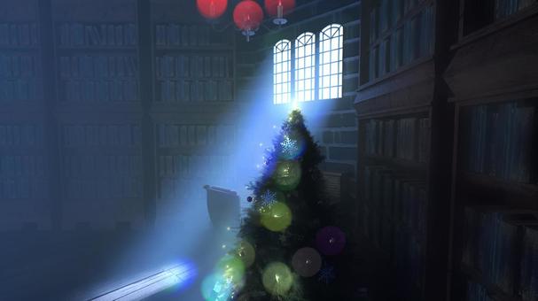 月の光が落ちる図書館と煌くツリー クリスマス,クリスマスツリー,クリスマスイブ,オーナメント,植物,木,プレゼント,雪の結晶,装飾,金のイラスト素材