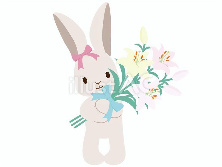ユリの花束を抱えたウサギ ウサギ,イースターバニー,花束のイラスト素材