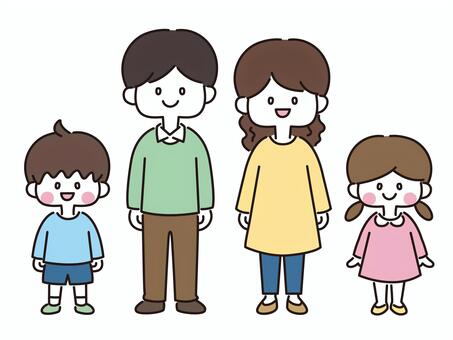 横並びの4人家族_全身（カラー） 家族,親子,全身,お父さん,お母さん,子ども,両親,夫,妻,息子のイラスト素材