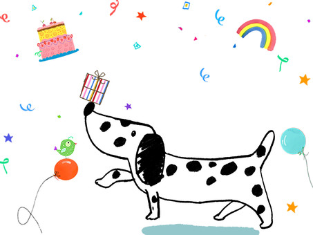 はぴーバースデー 食べ物,犬,誕生日,ケーキ,プレゼント,植物,動物,ポストカード,お祝い,虹のイラスト素材