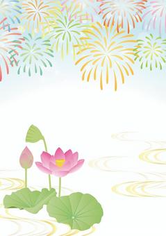 花火とハスの和風背景 2 花火とハスの和風背景 2 花火,打ち上げ花火,ハス,蓮,花,夏,夜空,花火大会,祭り,夏休みのイラスト素材