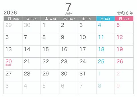 シンプル_2026_07_横_月始 シンプル_2026_07_横_月始 カレンダー,2026,7月,july,令和8年,月曜日始め,おしゃれ,かわいい,冬,記念日なしのイラスト素材