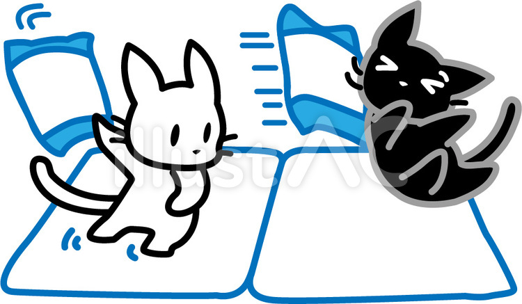 枕投げ①　白ねこ黒ねこ 枕投げ,修学旅行,布団のイラスト素材
